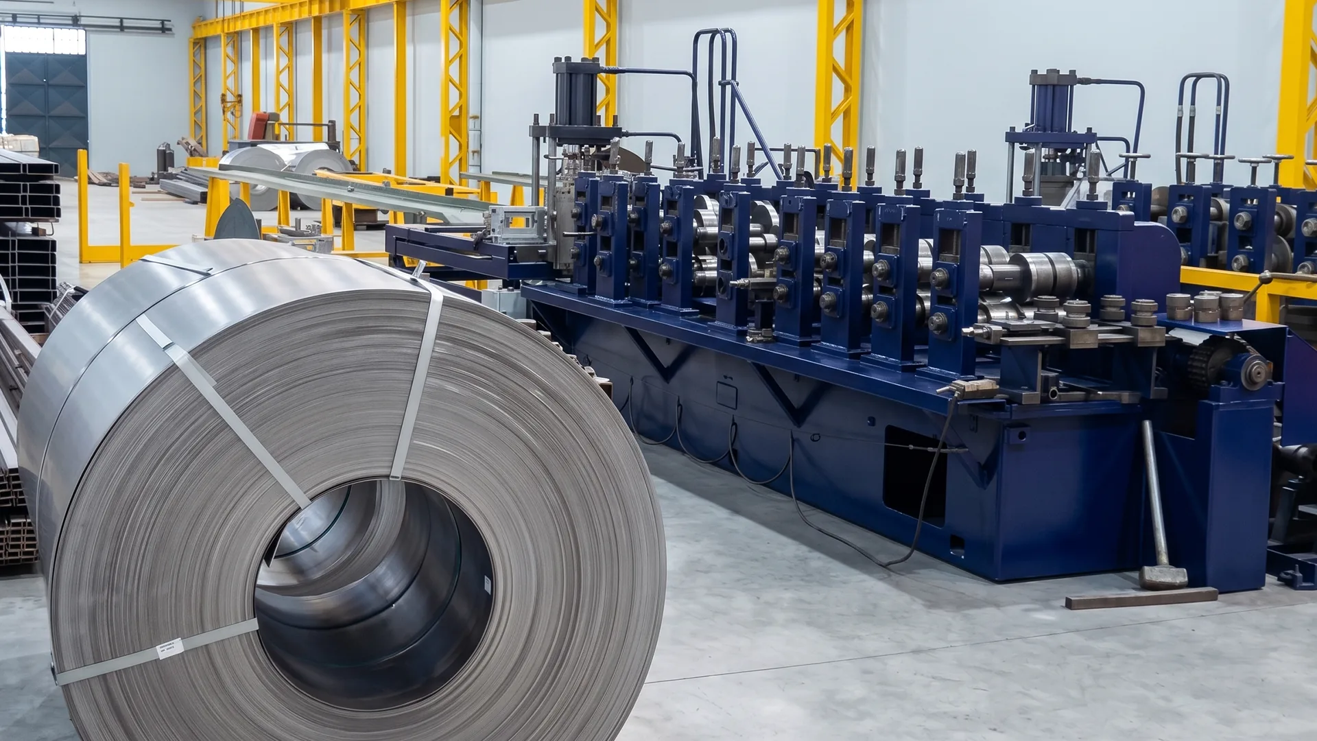 Linha de perfiladeira contínua processando bobina de aço